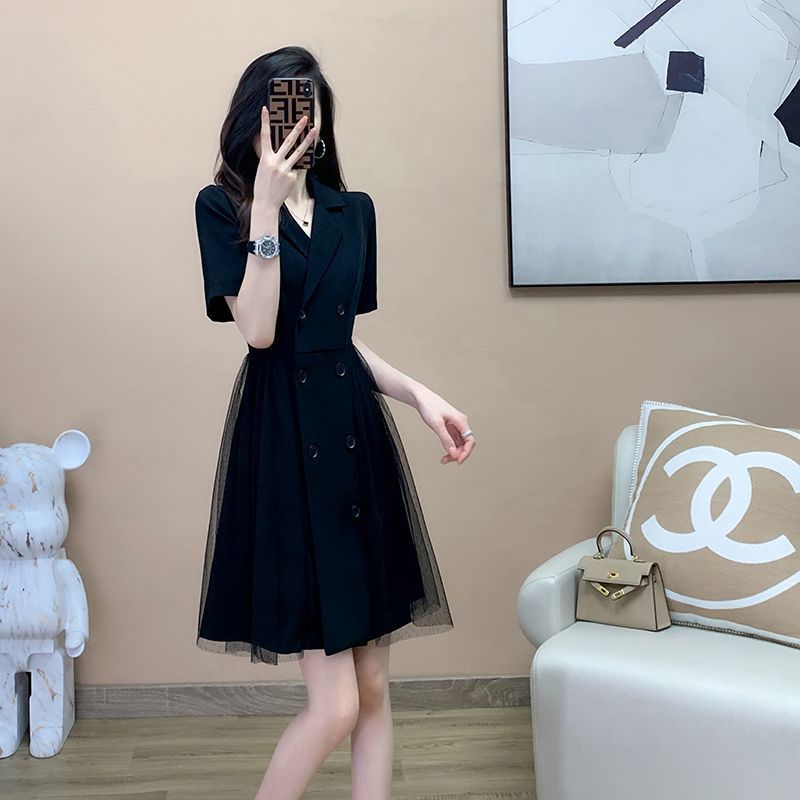 Net red suit dress female summer design feeling fat mm large size splicing mesh thin black dress 200 catties 300