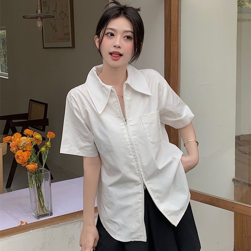 Grigio zipper shirt women's summer design niche lazy style versatile pointed collar short-sleeved white shirt trend