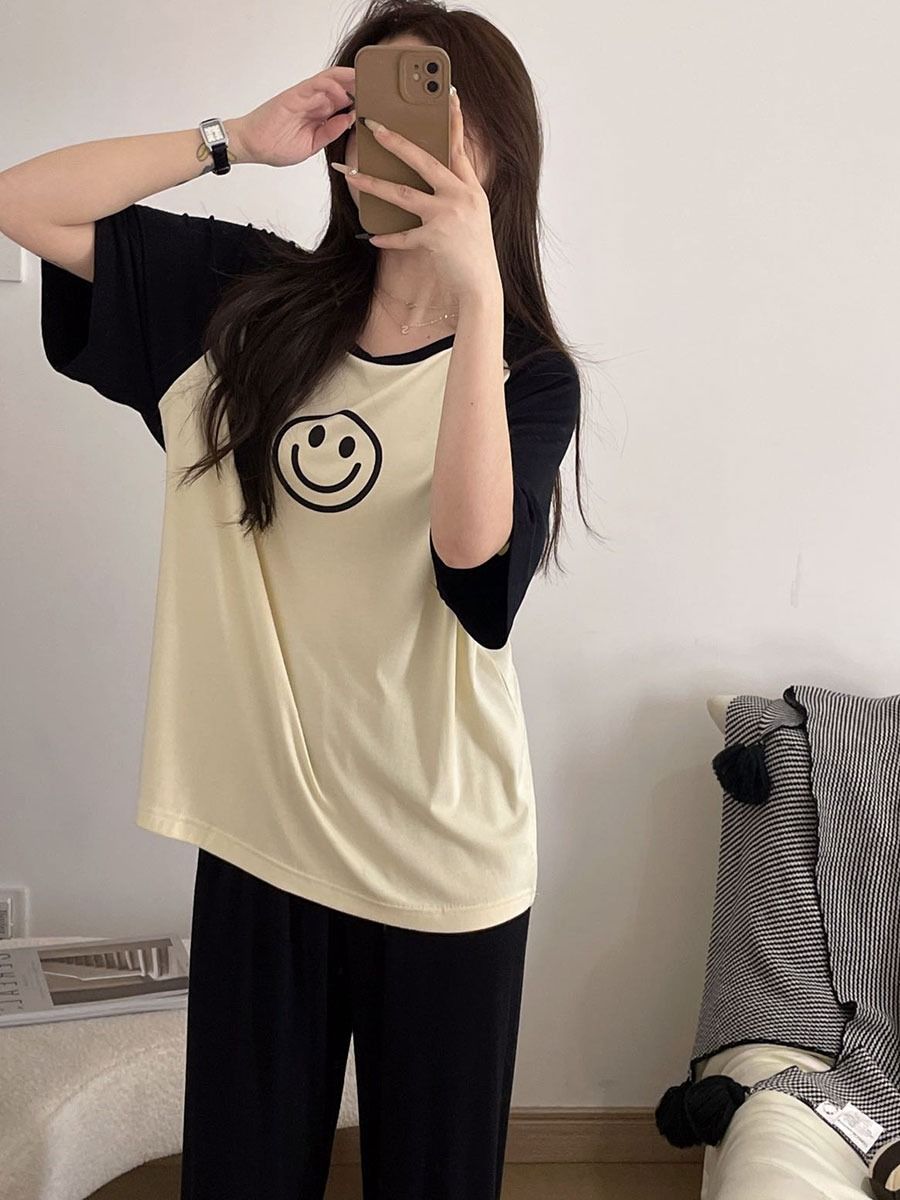 Modal pajamas women's summer short-sleeved trousers hit color smiley Korean version loose thin section spring and autumn home service suit