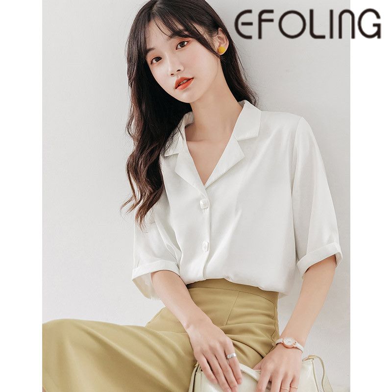 EFOLONG職業白色西裝領襯衫女夏短袖新款寬鬆通勤面試白襯衣上衣