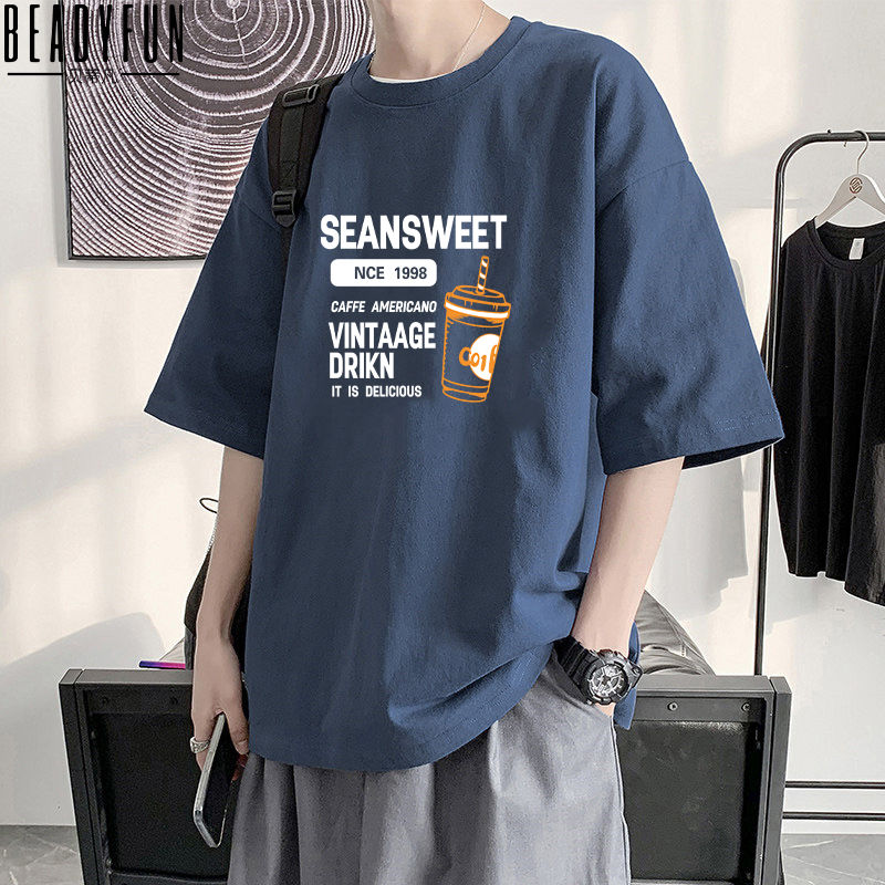 BEADYFUN潮牌男士短袖夏季休閒寬鬆五分袖體恤ins港風印花t恤上衣