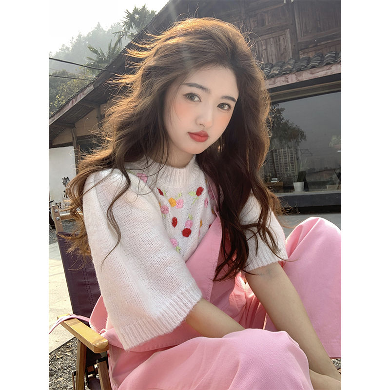 Puff sleeve knitted sweater women's summer 2023 new sweet heavy embroidery loose short round neck short-sleeved top