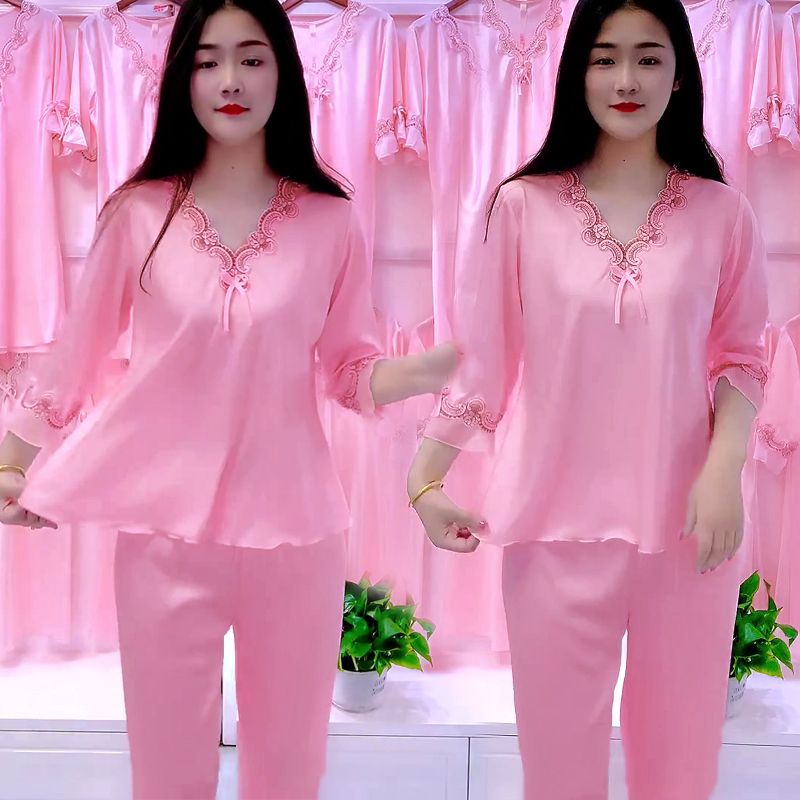 Pajamas women's summer short-sleeved trousers ice silk two-piece home service sexy silk imitation silk ladies cute suit