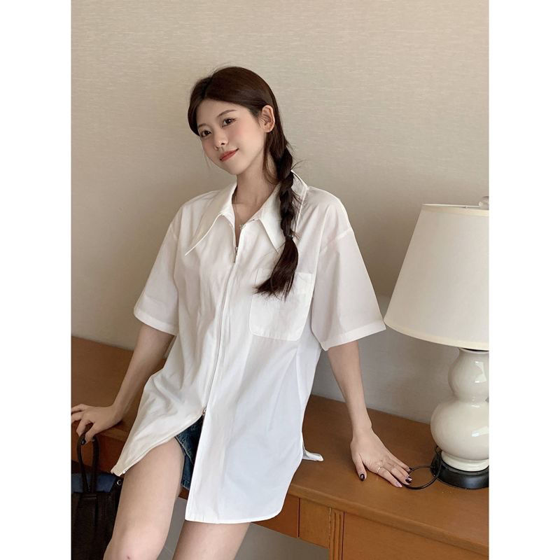 Grigio double zipper shirt women's short-sleeved white shirt summer design niche temperament versatile top trend