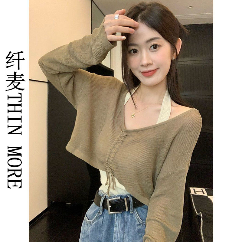 Fiber wheat THIN MORE Early spring hanging neck strap two-piece set sweet hanging neck strap niche chic blouse tide