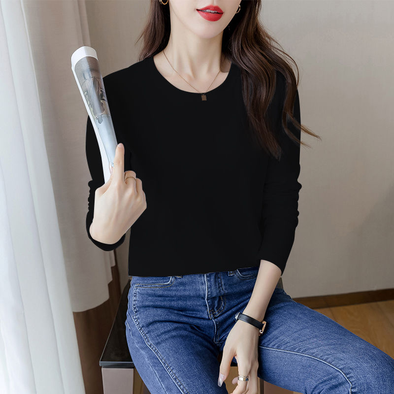 精梳棉白色長袖t恤女寬鬆2023春秋季新款簡約休閒百搭圓領打底衫