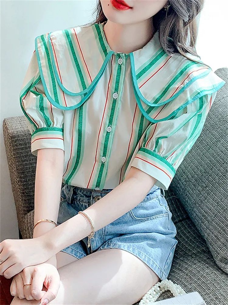 撞色條紋雙層娃娃領襯衫女設計感小眾新款夏季減齡泡泡袖洋氣上衣