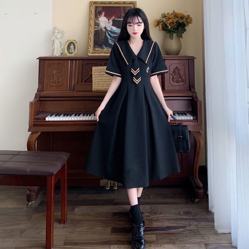 赫本風小黑裙夏季金邊海軍領泡泡袖大碼女裝胖mm遮肉學院風連衣裙
