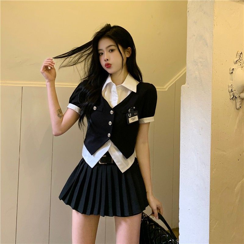 大碼女裝2023夏季假兩件短袖襯衫上衣學院風顯瘦胖mm百褶裙兩件套