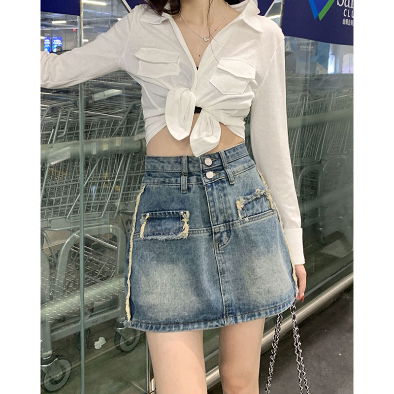 大碼胖mm設計感高腰毛邊牛仔半身裙女夏季新款顯瘦包臀a字短裙子