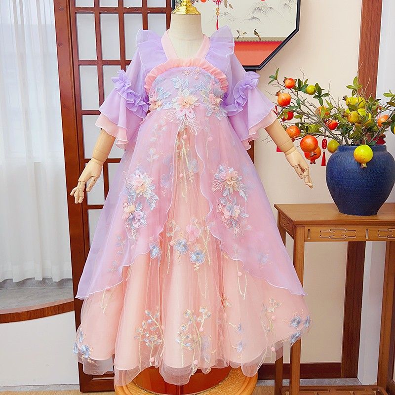 漢服女童夏季薄款2023新款中國風兒童超仙唐裝襦裙女孩古風連衣裙