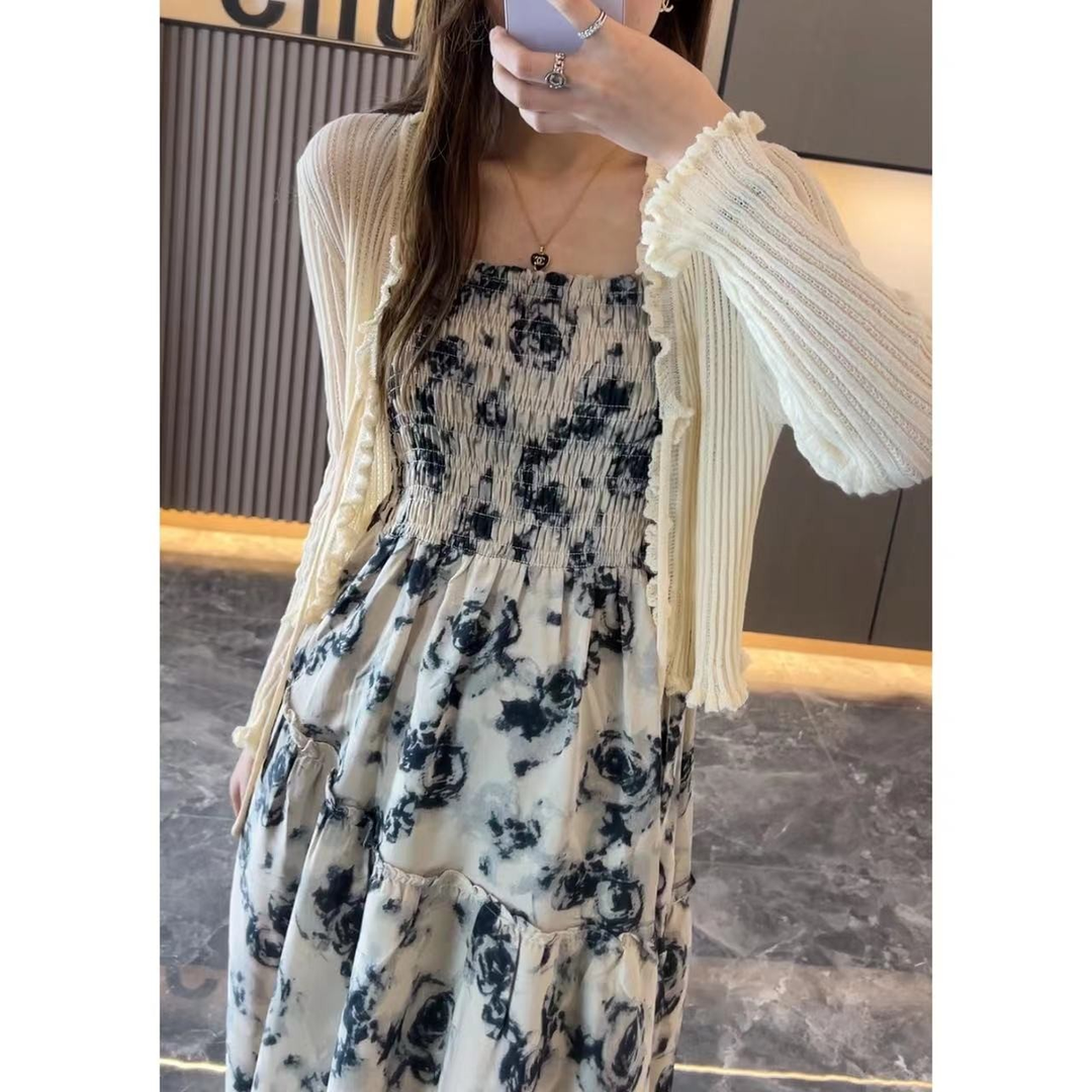 French suspender dress 2023 summer new Japanese outerwear retro temperament waist floral dress female