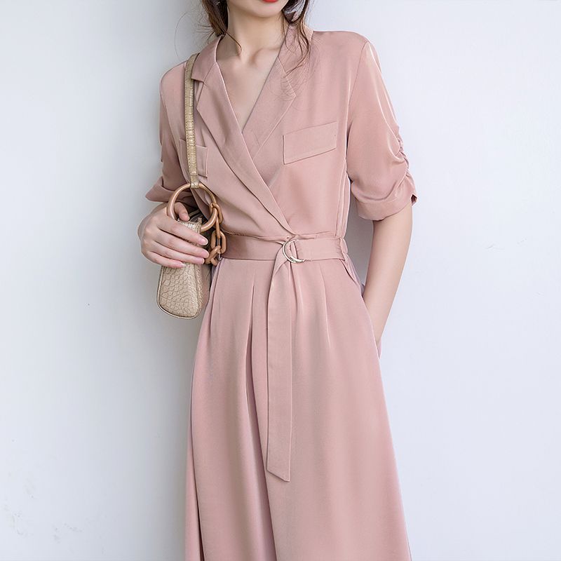 画朴法式粉色西装领收腰连衣裙女装夏季新款冷淡风高级感长裙
