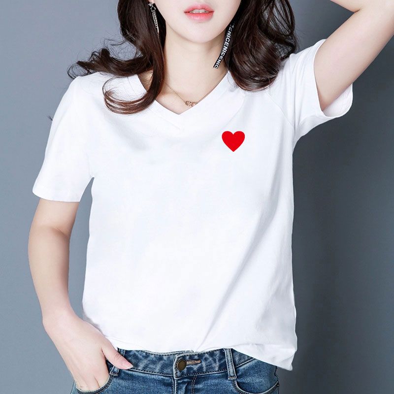 女裝短袖t恤女新款正肩肥胖mm簡約寬鬆顯瘦遮肚v領雞心領T恤女夏