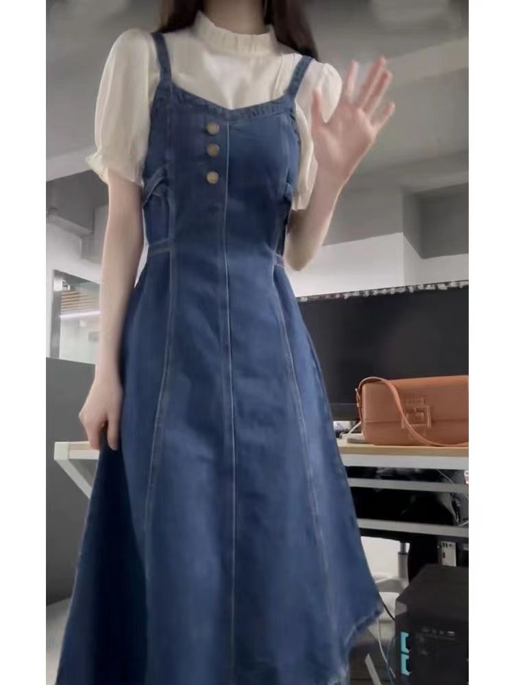 學院風復古小眾收腰顯瘦氣質牛仔背帶裙女學生+木耳邊襯衫兩件套