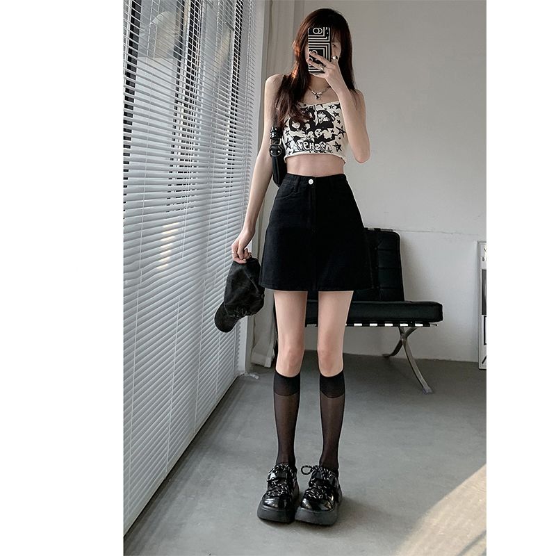 Large size fat mm black denim short skirt women's skirt 2023 summer high waist slimming anti-light package hip a-line skirt