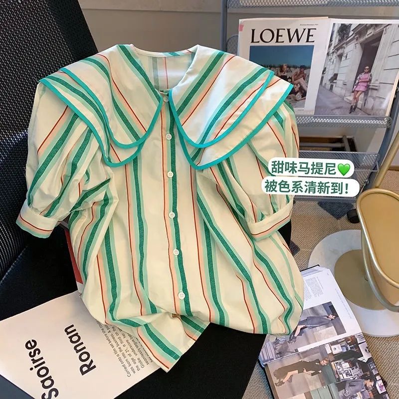 夏日小清新撞色條紋娃娃領襯衫甜美減齡泡泡袖襯衣韓系別致小衫女
