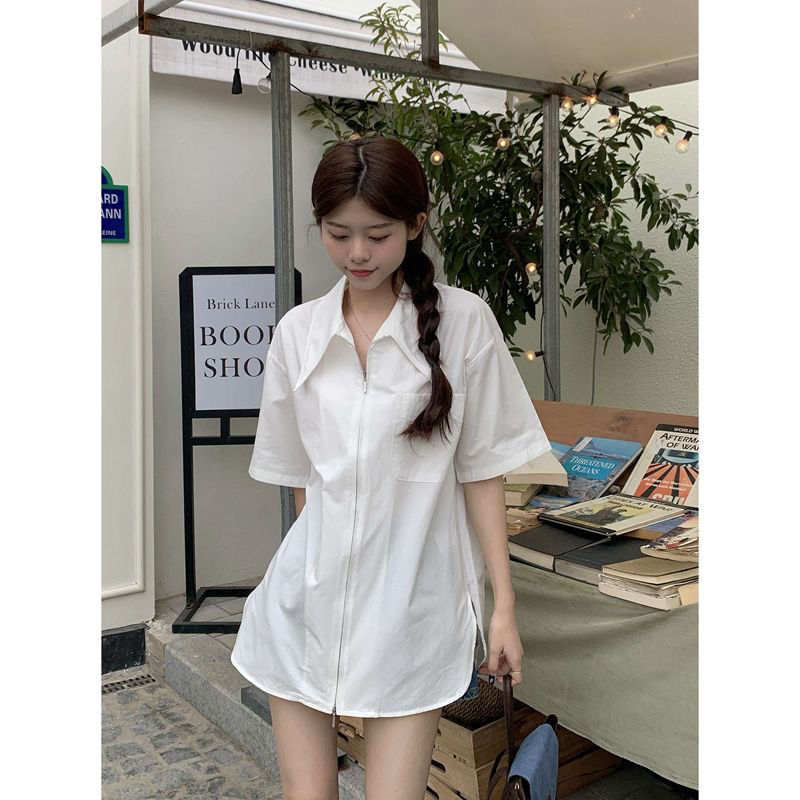 Grigio double zipper shirt women's short-sleeved white shirt summer design niche temperament versatile top trend