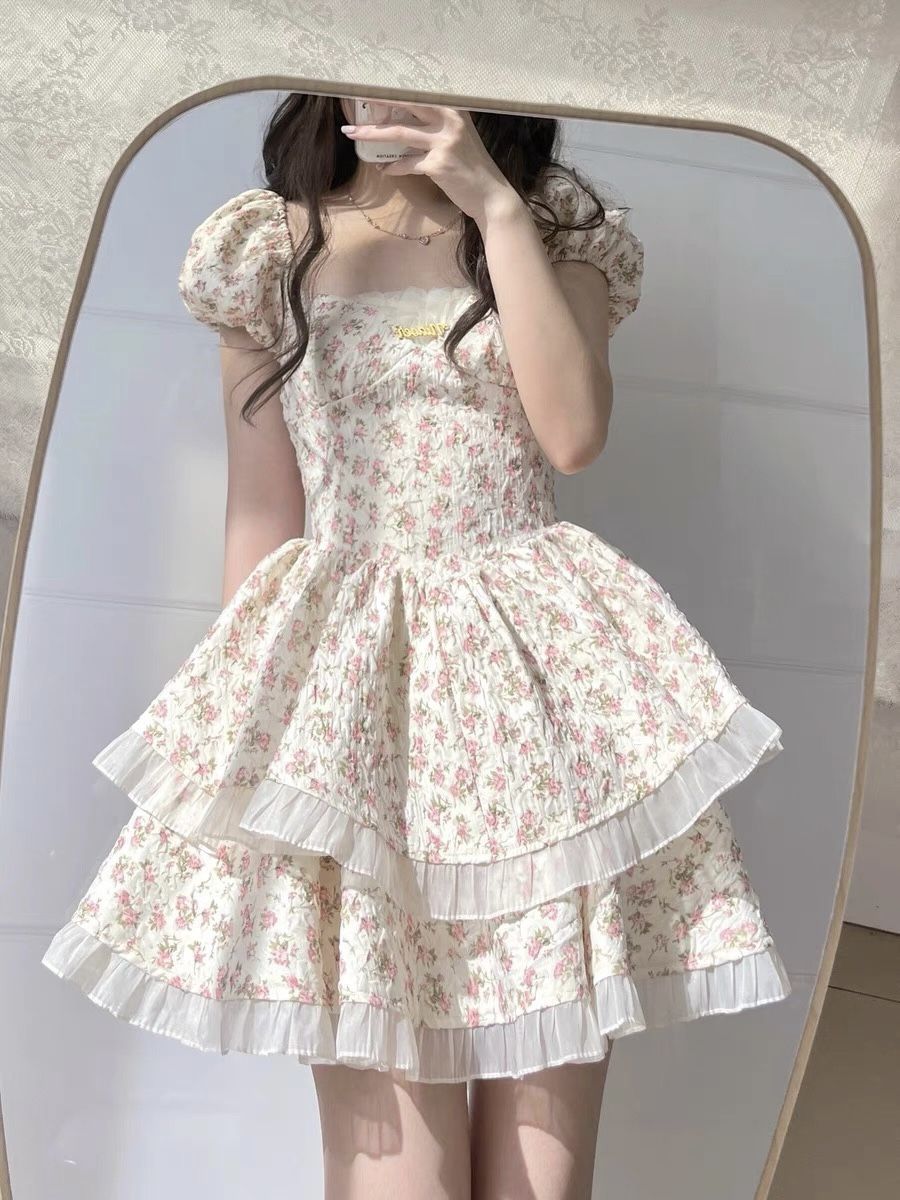 Sweet and spicy wind waist bowknot floral skirt summer small high-end hollow back tutu dress female