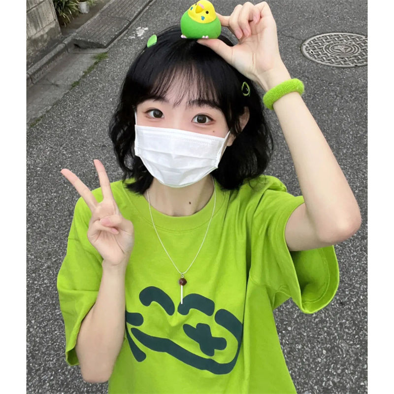 100% cotton foam printing short-sleeved T-shirt women's summer mid-length T-shirt student BF loose top INS tide