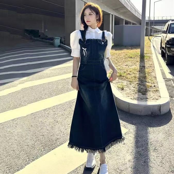 單件/套裝夏日上新韓系復古風氣質簡約牛仔背帶裙女+百搭短袖襯衫