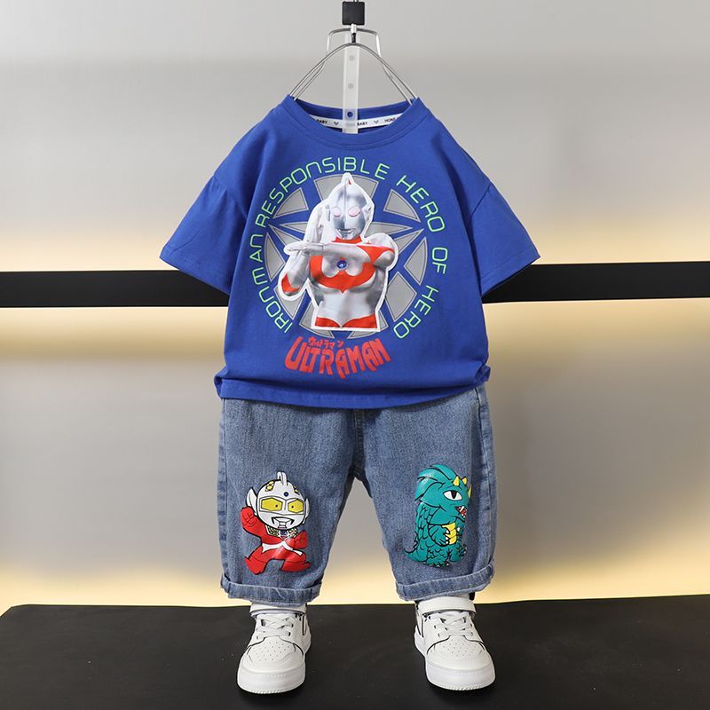 奧特曼衣服男童夏裝套裝兒童夏季帥氣衣服2023新款寶寶短袖男孩潮