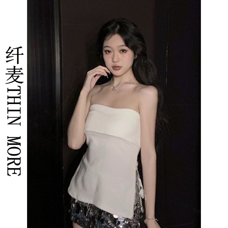 Slender wheat THIN MORE hot girl style sweet and spicy one-shoulder tube top female niche design with side slits for outer wear top