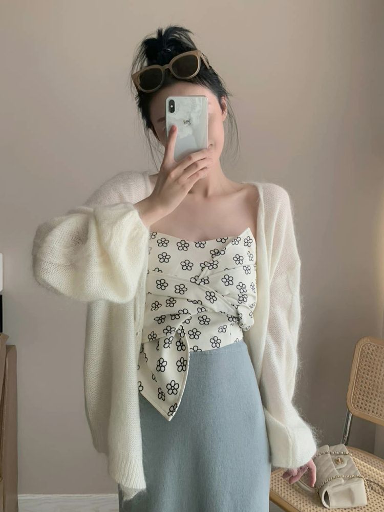 Gentle wind milk fufu mohair knitted cardigan female spring and autumn chic and beautiful fairy soft waxy sweater jacket top