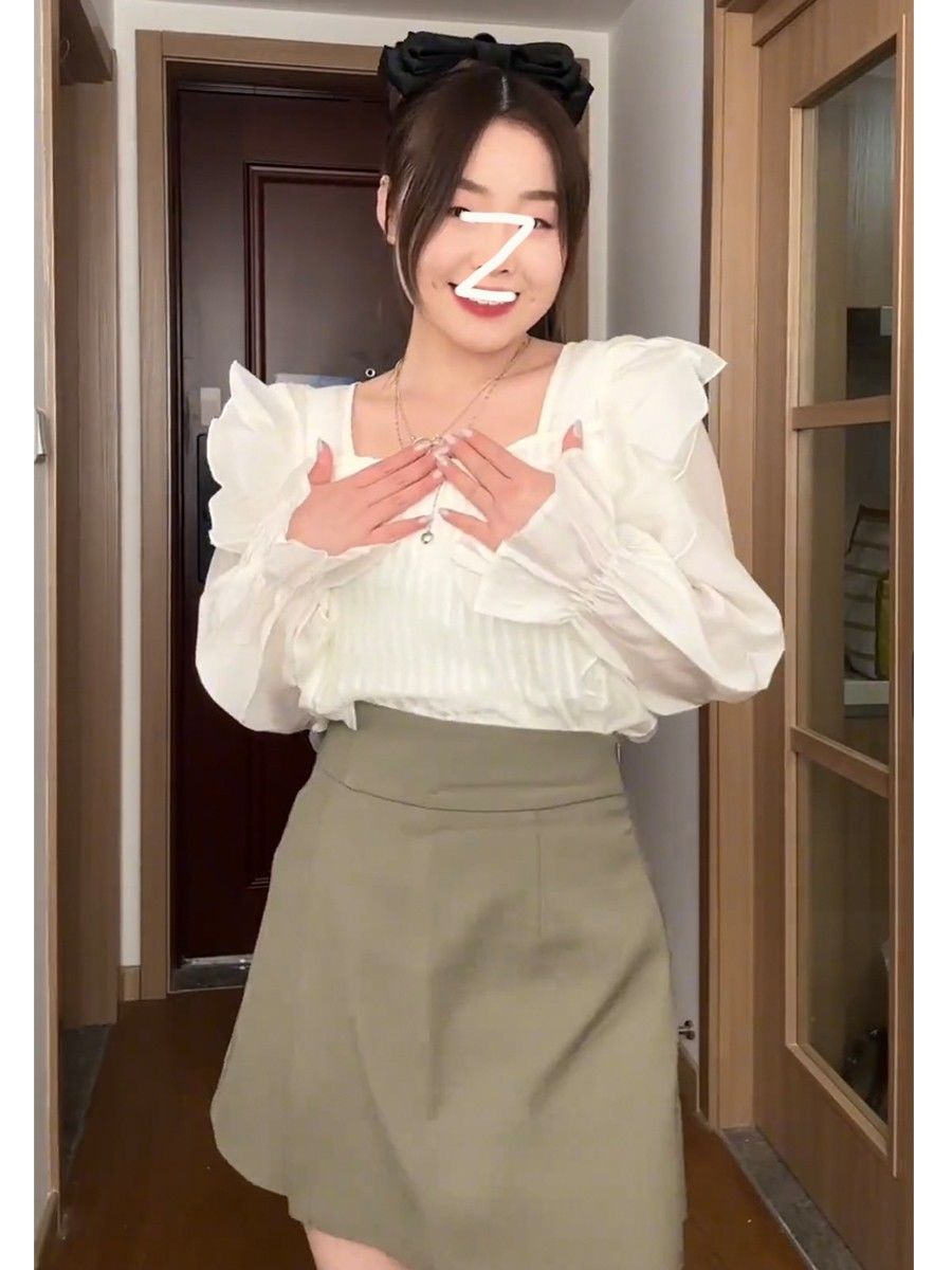 微胖大碼法式甜美荷葉邊方領上衣女春季不對稱顯瘦褲裙兩件套裝潮