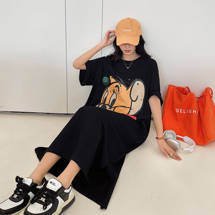 Cartoon printing super long ankle dress fat MM extra large size 300 catties loose belly cover short-sleeved T-shirt dress