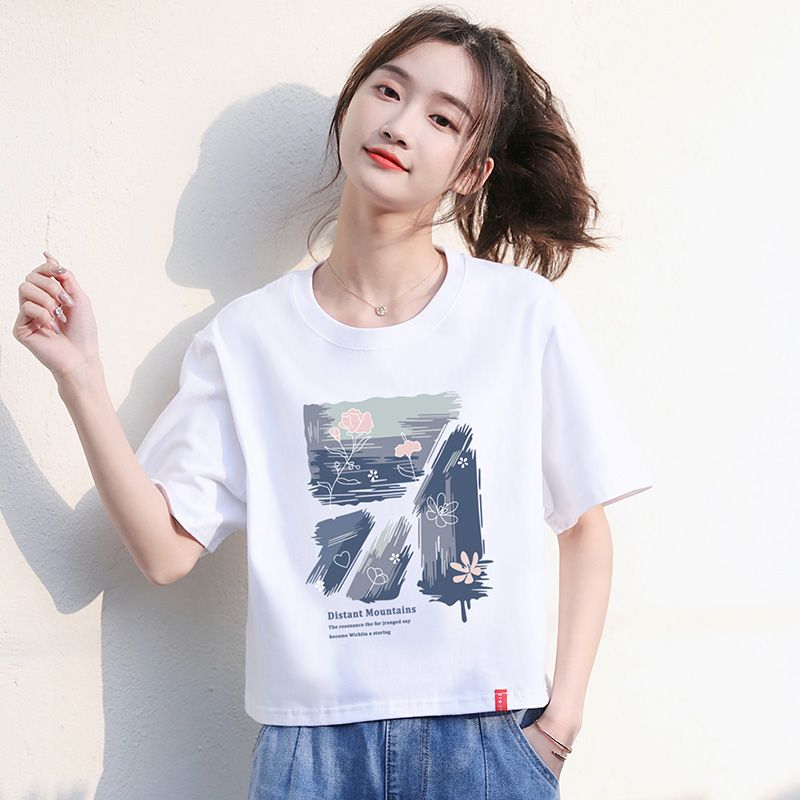 Small short-sleeved T-shirt women's pure cotton short section 2023 new summer Korean version loose short students all-match t