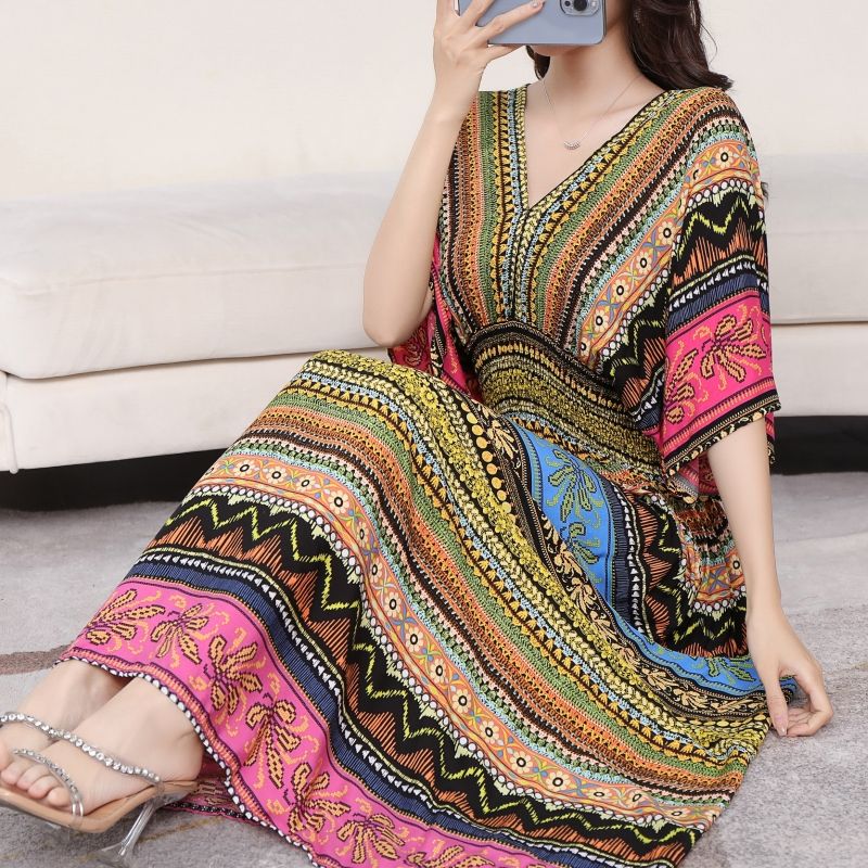 Summer Ethnic Wind Cotton Silk Floral Dress Seaside Vacation People Cotton Fairy Dress Large Size Printed Cotton Silk Explosive Long Dress