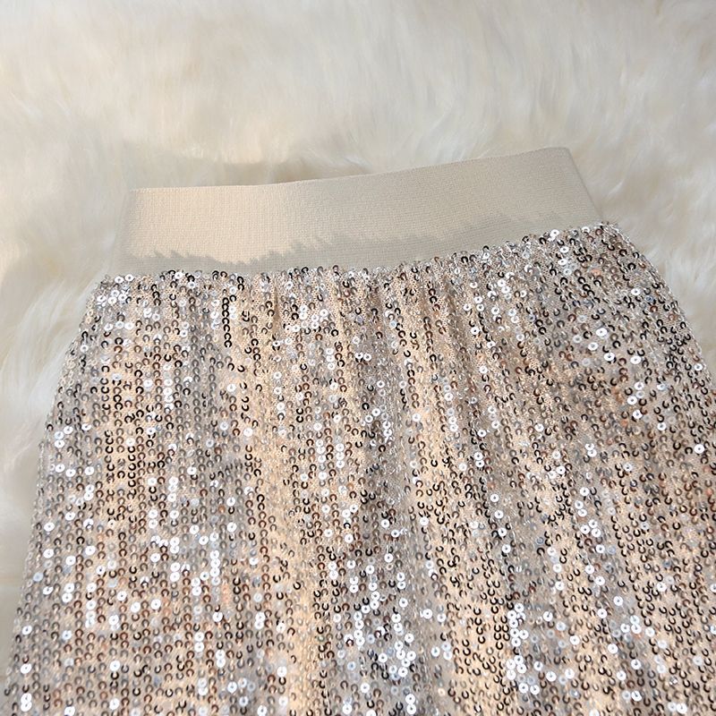 Shiny sequin skirt women's spring and summer  new high waist slim mid-length a-line bag hip one-step skirt