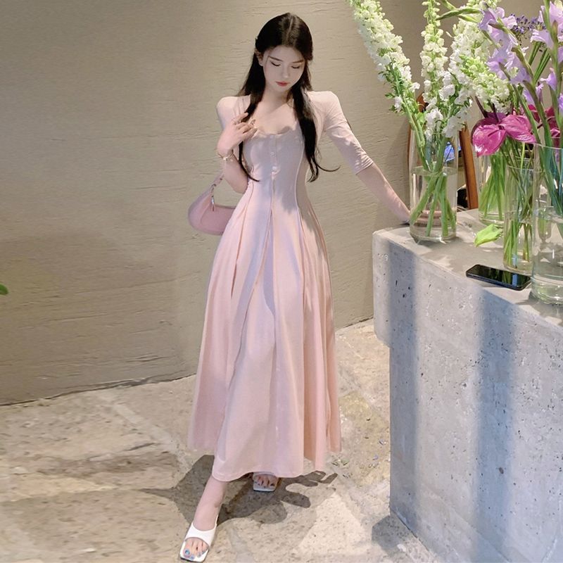 French tea break short-sleeved dress women's summer 2023 new waist slimming temperament square collar fashion long skirt ins