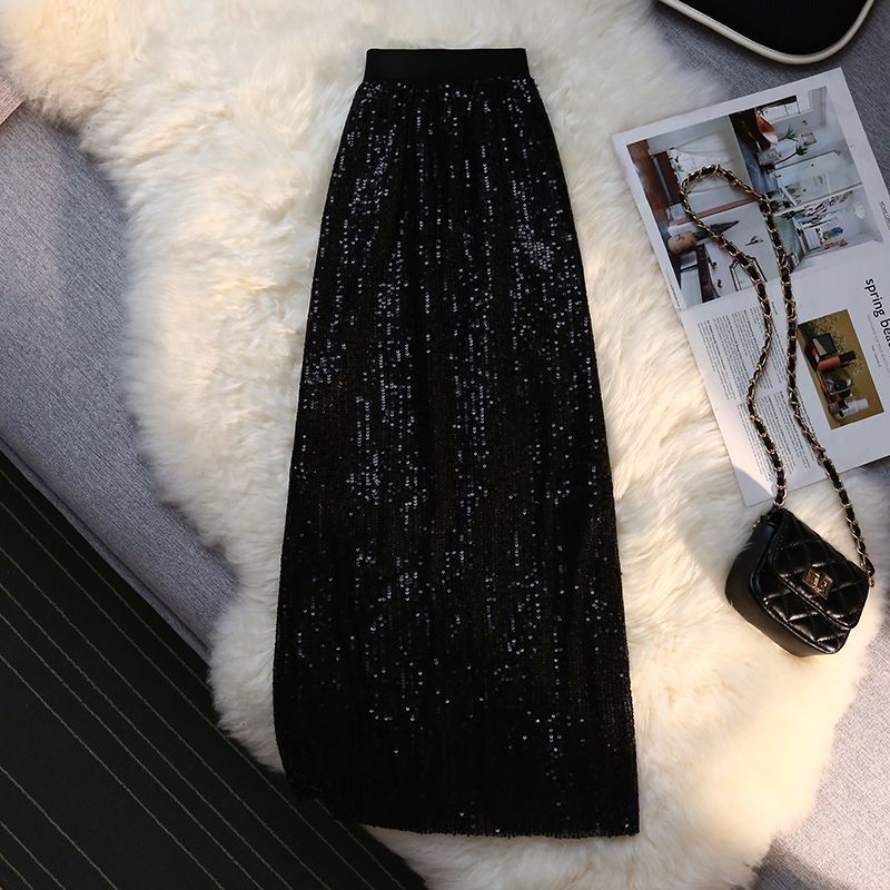 Shiny sequin skirt women's spring and summer  new high waist slim mid-length a-line bag hip one-step skirt