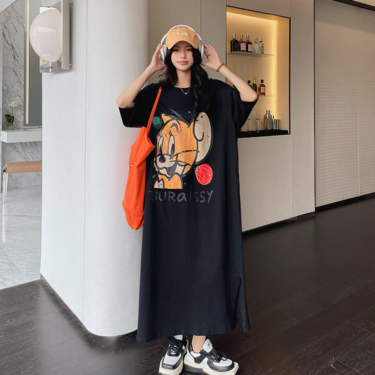 Cartoon printing super long ankle dress fat MM extra large size 300 catties loose belly cover short-sleeved T-shirt dress