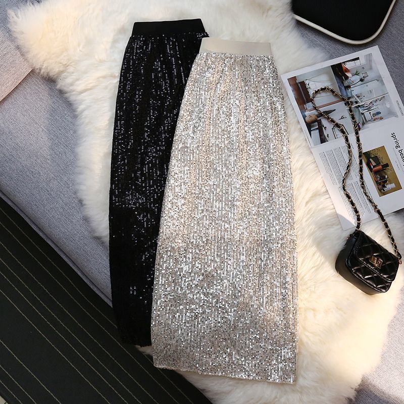 Shiny sequin skirt women's spring and summer  new high waist slim mid-length a-line bag hip one-step skirt