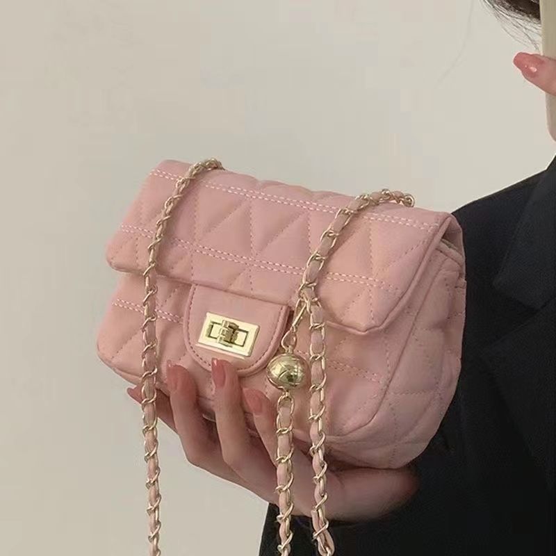 粉色小方包包女2023新款潮春夏時尚小香風菱格鏈條包百搭斜挎包