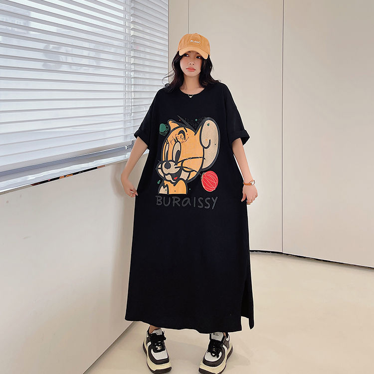 Cartoon printing super long ankle dress fat MM extra large size 300 catties loose belly cover short-sleeved T-shirt dress