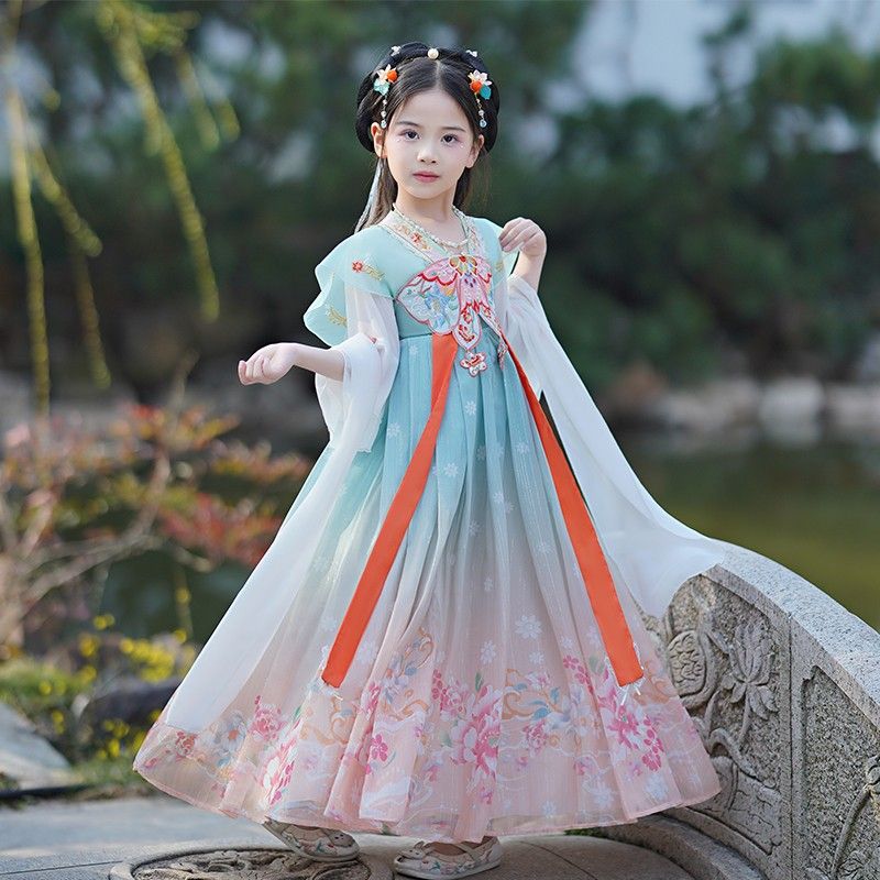 高端漢服女童2023新款古風連衣裙小女孩唐裝兒童超仙古裝裙子夏款