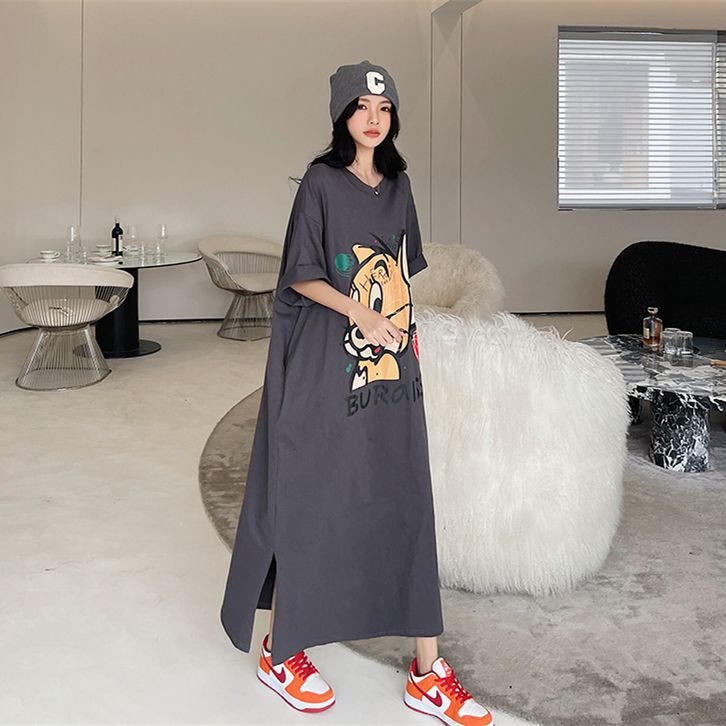 Cartoon printing super long ankle dress fat MM extra large size 300 catties loose belly cover short-sleeved T-shirt dress