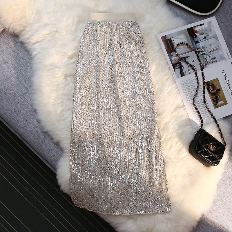 Shiny sequin skirt women's spring and summer  new high waist slim mid-length a-line bag hip one-step skirt