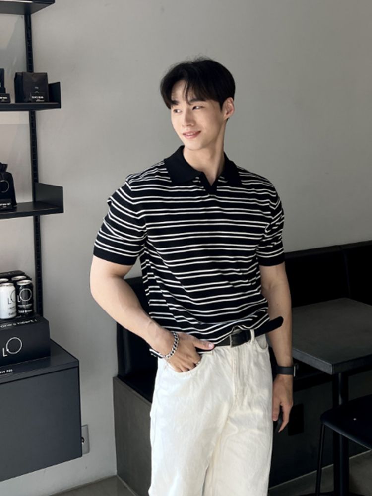 韩版男士衬衫休闲条纹套头Polo衫潮流ins夏季短袖针织衫T恤套装