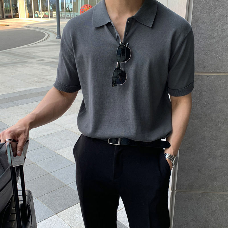 韩版夏季翻领套装男士polo衫t恤短袖薄款宽松针织衫潮流半袖全身
