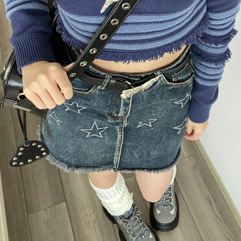 復古美式星星刺繡胖mm牛仔半身裙女辣妹夏季高腰顯瘦A字包臀裙子