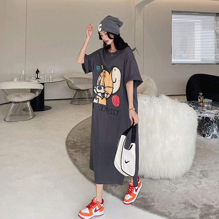 Cartoon printing super long ankle dress fat MM extra large size 300 catties loose belly cover short-sleeved T-shirt dress