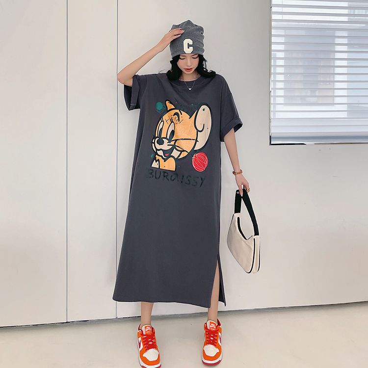 Cartoon printing super long ankle dress fat MM extra large size 300 catties loose belly cover short-sleeved T-shirt dress