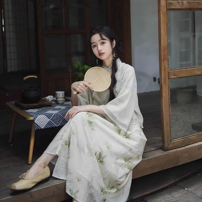 2023年春夏新款竹子印花長裙絕美仙女新中式國風禪意連衣裙套裝女