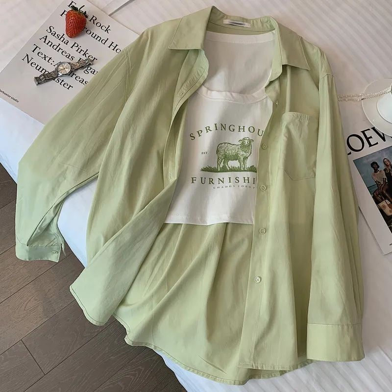 Lazy style green shirt top for women, spring and autumn Korean style loose salt style outer cardigan, versatile thin Hong Kong style jacket