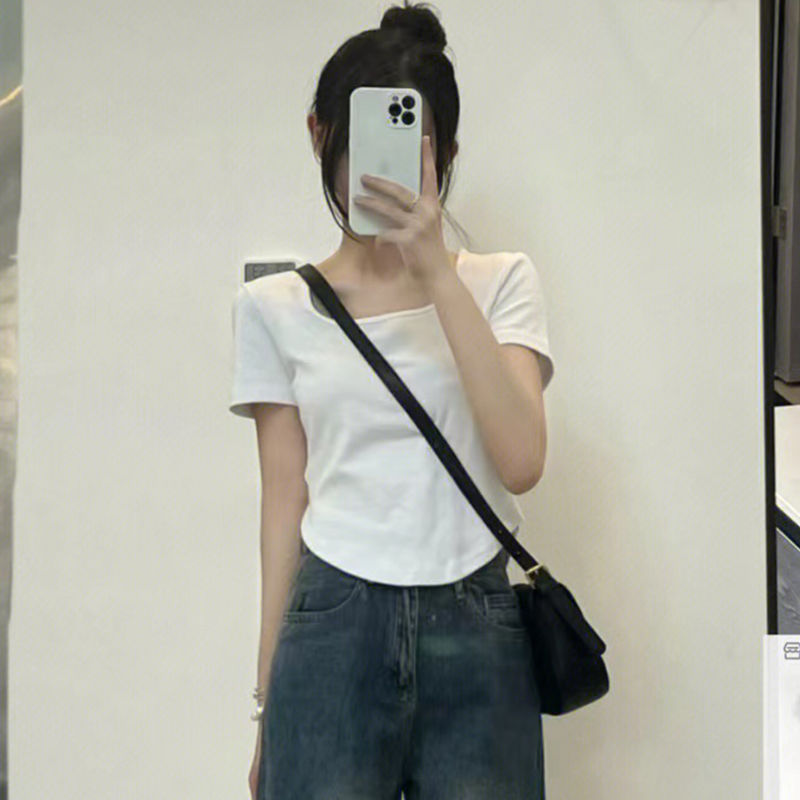 Design sense niche front shoulder irregular square collar short-sleeved T-shirt female summer hot girl short high waist slim fit thin top